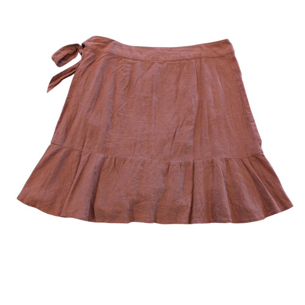 FREE PEOPLE "Ruffle My Feather" Wrap Skirt 12 Dusky Blush Muted Red Ruffle Hem - Picture 3 of 7